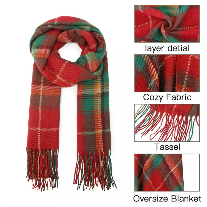 SFN4401 - Elegant Color Block Scarf with Fringe Detailing – Versatile Oversized Design - Red