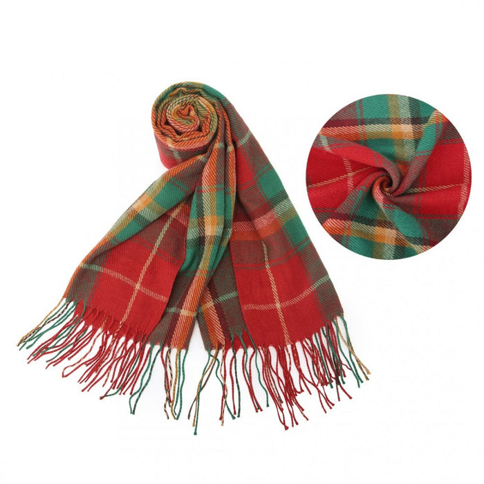 SFN4401 - Elegant Color Block Scarf with Fringe Detailing – Versatile Oversized Design - Red