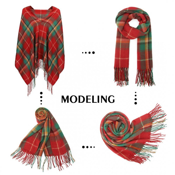 SFN4401 - Elegant Color Block Scarf with Fringe Detailing – Versatile Oversized Design - Red
