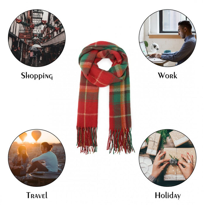 SFN4401 - Elegant Color Block Scarf with Fringe Detailing – Versatile Oversized Design - Red