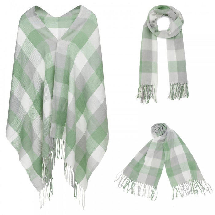 SFN4402 - Elegant Color Block Scarf with Fringe Detailing – Versatile Oversized Design - Light Green