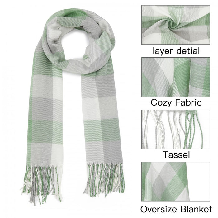 SFN4402 - Elegant Color Block Scarf with Fringe Detailing – Versatile Oversized Design - Light Green