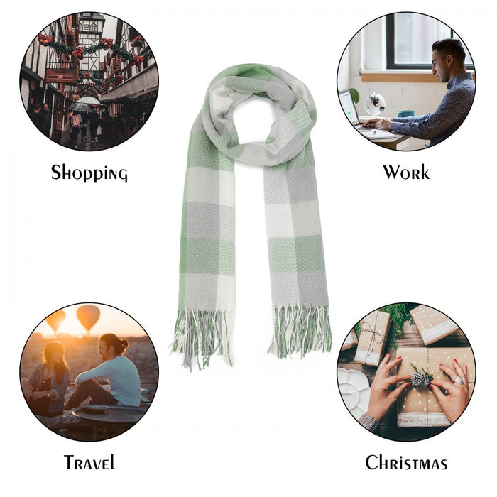 SFN4402 - Elegant Color Block Scarf with Fringe Detailing – Versatile Oversized Design - Light Green