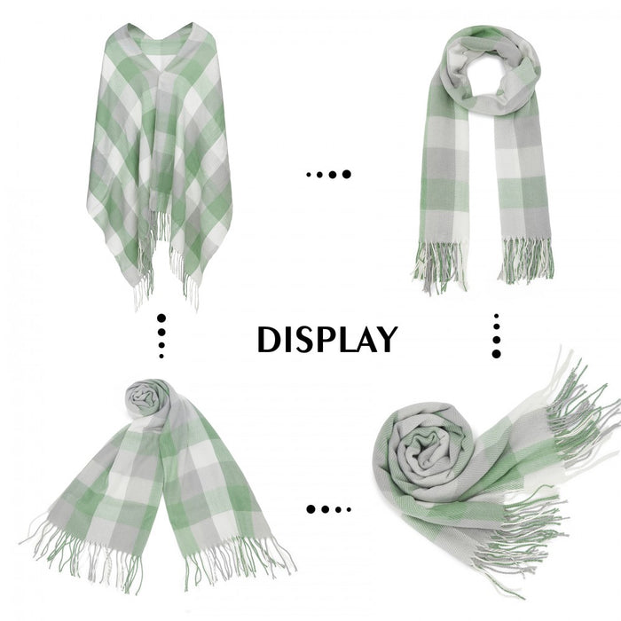 SFN4402 - Elegant Color Block Scarf with Fringe Detailing – Versatile Oversized Design - Light Green