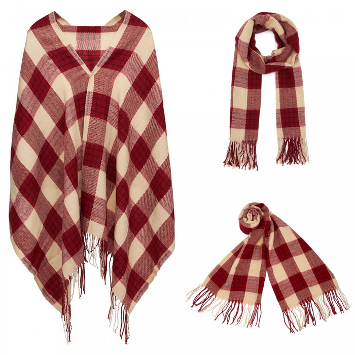 SFN4402 - Elegant Color Block Scarf with Fringe Detailing – Versatile Oversized Design - Red