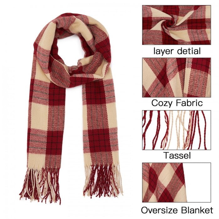 SFN4402 - Elegant Color Block Scarf with Fringe Detailing – Versatile Oversized Design - Red