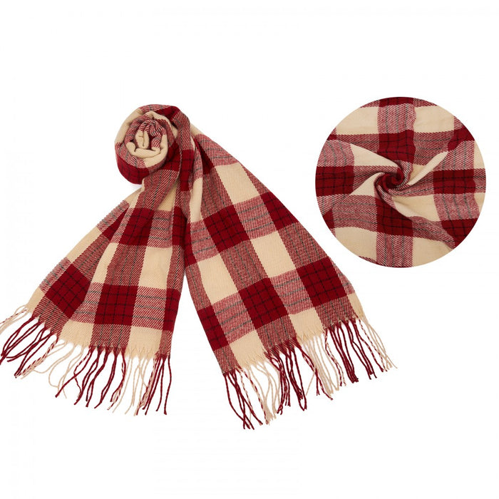 SFN4402 - Elegant Color Block Scarf with Fringe Detailing – Versatile Oversized Design - Red