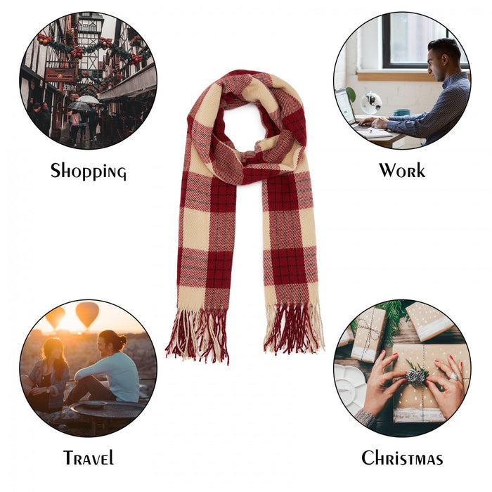 SFN4402 - Elegant Color Block Scarf with Fringe Detailing – Versatile Oversized Design - Red