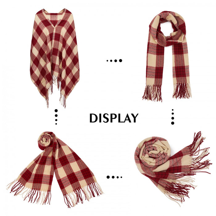 SFN4402 - Elegant Color Block Scarf with Fringe Detailing – Versatile Oversized Design - Red