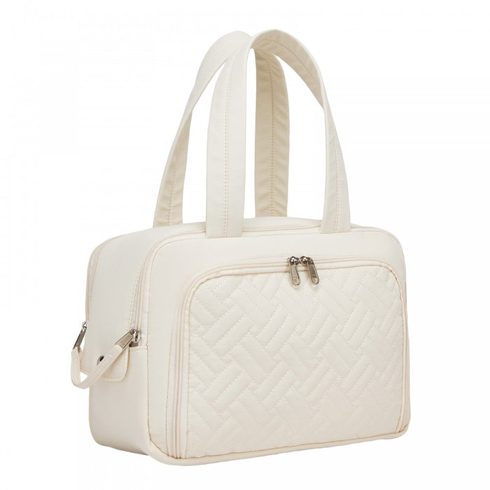 TOK2608 - Kono Travel Quilted Toiletry Bag – Water-Resistant, Wet/Dry Pocket, Large 180° Opening for Easy Access - Beige