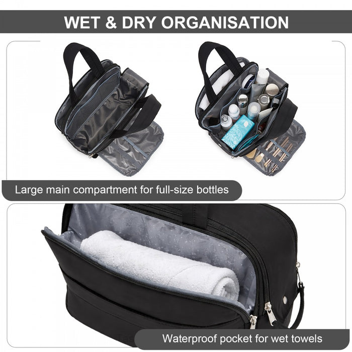 TOK2608 - Kono Travel Quilted Toiletry Bag – Water-Resistant, Wet/Dry Pocket, Large 180° Opening for Easy Access - Black