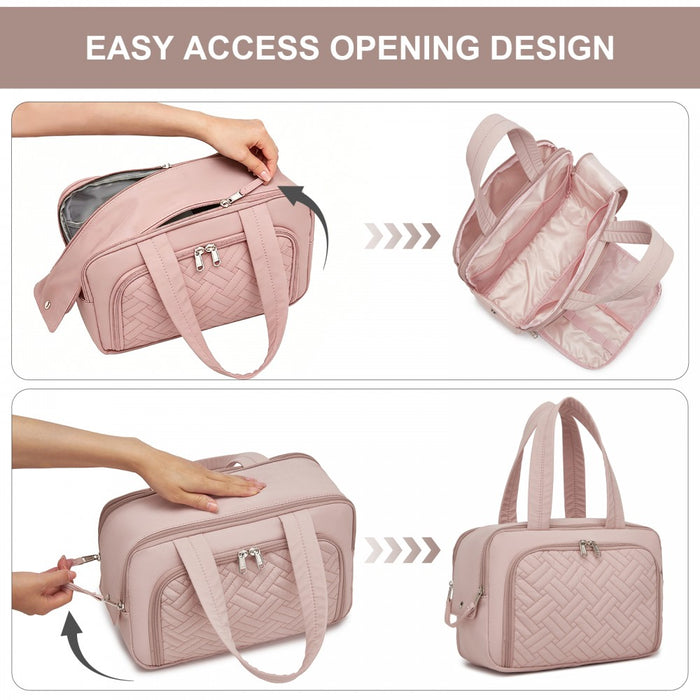 TOK2608 - Kono Travel Quilted Toiletry Bag – Water-Resistant, Wet/Dry Pocket, Large 180° Opening for Easy Access - Nude