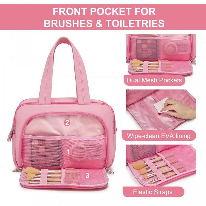 TOK2608 - Kono Travel Quilted Toiletry Bag – Water-Resistant, Wet/Dry Pocket, Large 180° Opening for Easy Access - Pink