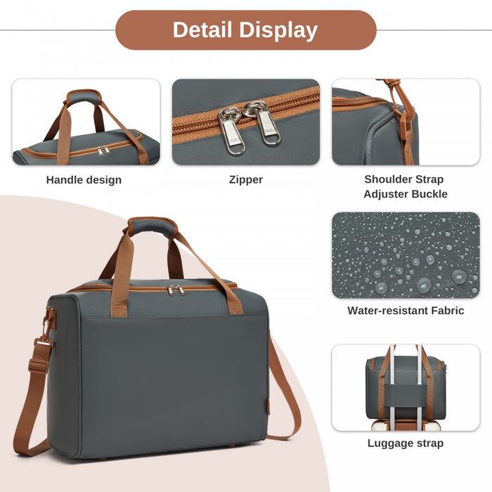 TVK2521 - Kono Compact and Lightweight 40×30×20 Personal-Item Travel Bag - U-Zip Wide Opening And Trolley Sleeve - Grey and Brown