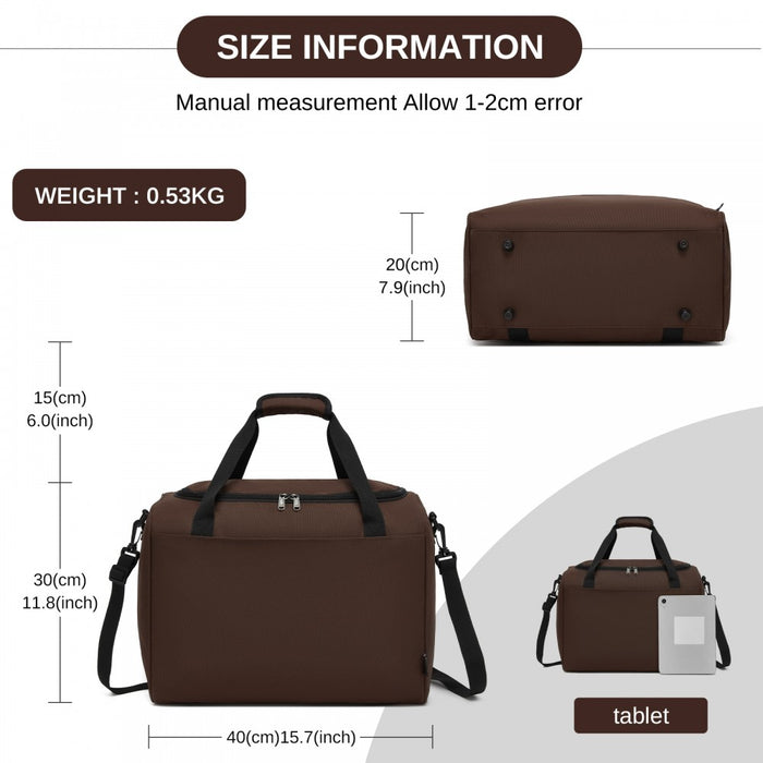 TVK2526 - Kono Spacious Airline-Approved Cabin Travel Duffel (40×30×20 cm) - Roomy Weekender with U-Zip Opening - Brown