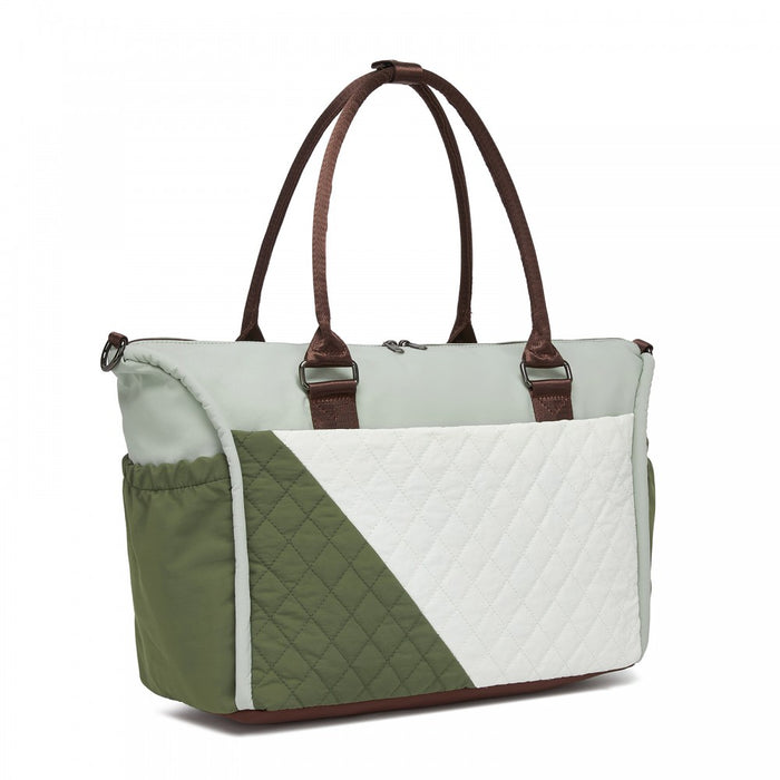 TVM2520 - Miss Lulu Stylish Quilted Color-Blocked Cabin Travel Bag with Dry-wet separation compartment & Trolley Sleeve - Green and Beige