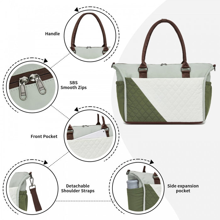 TVM2520 - Miss Lulu Stylish Quilted Color-Blocked Cabin Travel Bag with Dry-wet separation compartment & Trolley Sleeve - Green and Beige