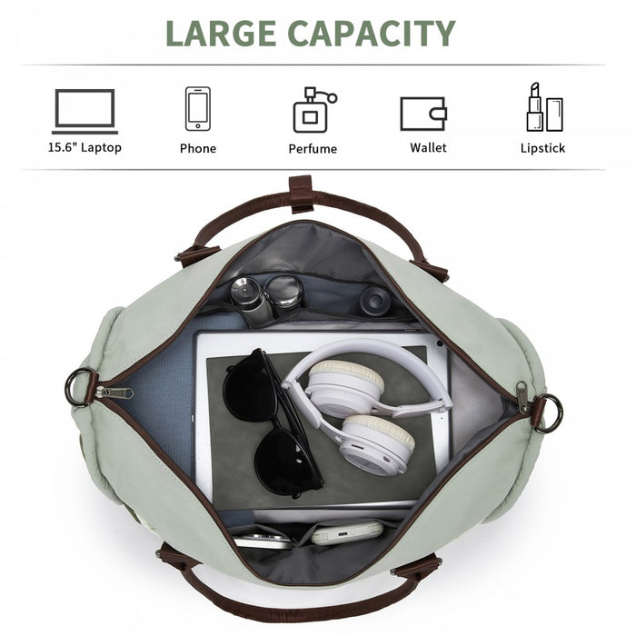 TVM2520 - Miss Lulu Stylish Quilted Color-Blocked Cabin Travel Bag with Dry-wet separation compartment & Trolley Sleeve - Green and Beige