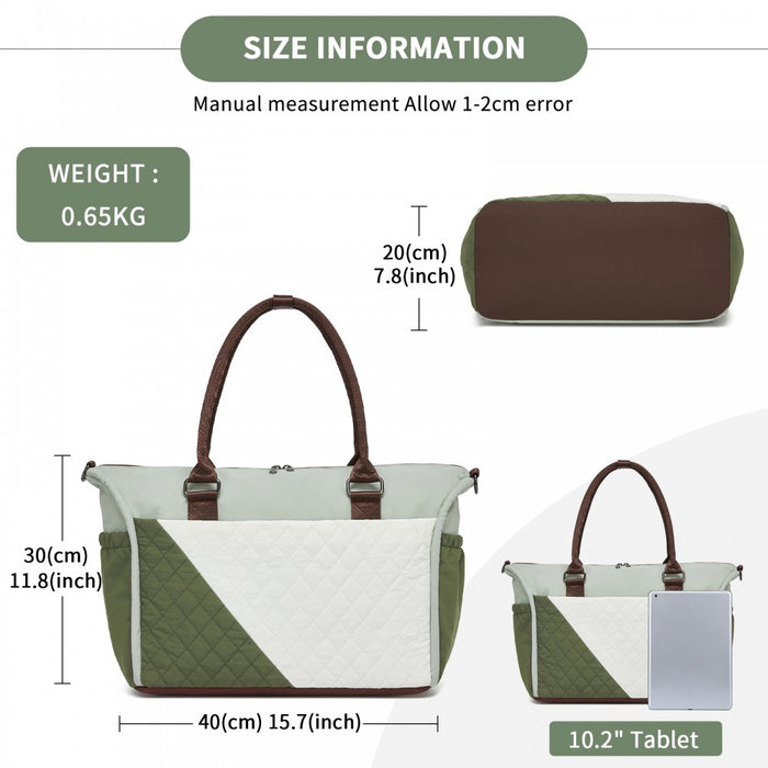 TVM2520 - Miss Lulu Stylish Quilted Color-Blocked Cabin Travel Bag with Dry-wet separation compartment & Trolley Sleeve - Green and Beige