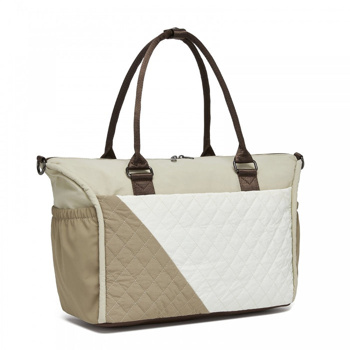 TVM2520 - Miss Lulu Stylish Quilted Color-Blocked Cabin Travel Bag with Dry-wet separation compartment & Trolley Sleeve - Khaki and Beige