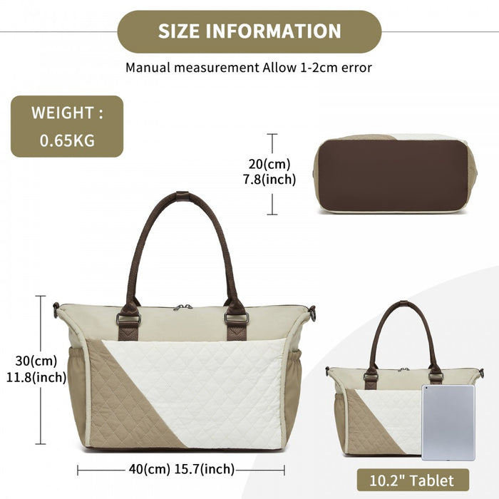 TVM2520 - Miss Lulu Stylish Quilted Color-Blocked Cabin Travel Bag with Dry-wet separation compartment & Trolley Sleeve - Khaki and Beige