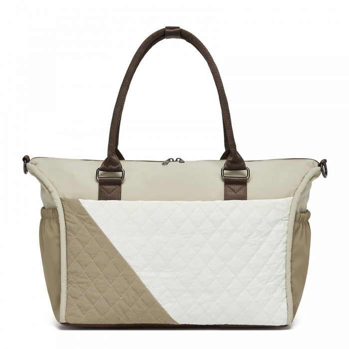 TVM2520 - Miss Lulu Stylish Quilted Color-Blocked Cabin Travel Bag with Dry-wet separation compartment & Trolley Sleeve - Khaki and Beige
