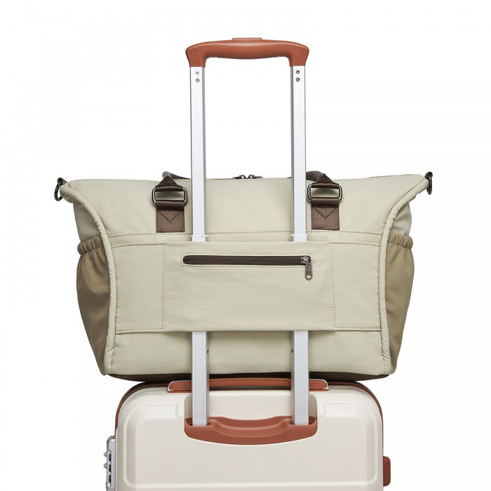 TVM2520 - Miss Lulu Stylish Quilted Color-Blocked Cabin Travel Bag with Dry-wet separation compartment & Trolley Sleeve - Khaki and Beige