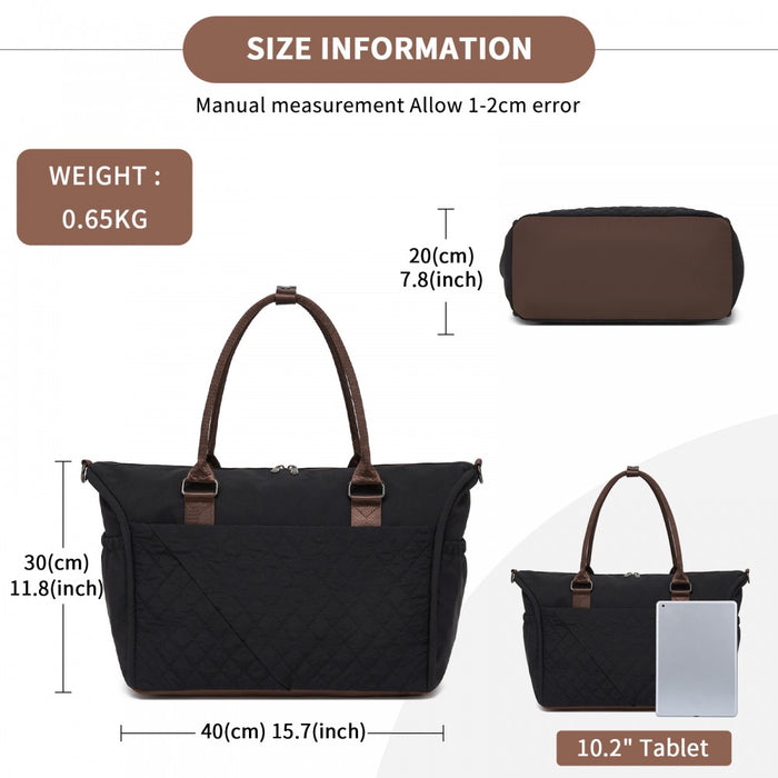 TVM2520 - Miss Lulu Stylish Quilted Color-Blocked Cabin Travel Bag with Dry-wet separation compartment & Trolley Sleeve - Black