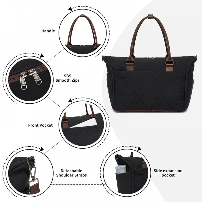 TVM2520 - Miss Lulu Stylish Quilted Color-Blocked Cabin Travel Bag with Dry-wet separation compartment & Trolley Sleeve - Black