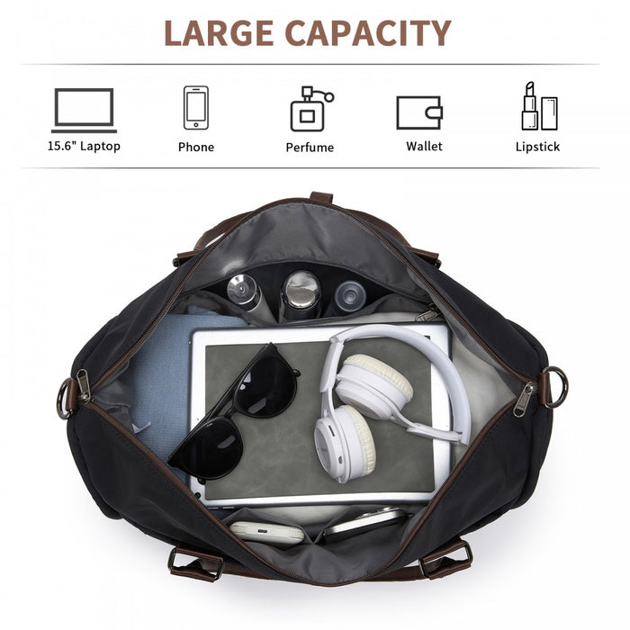 TVM2520 - Miss Lulu Stylish Quilted Color-Blocked Cabin Travel Bag with Dry-wet separation compartment & Trolley Sleeve - Black