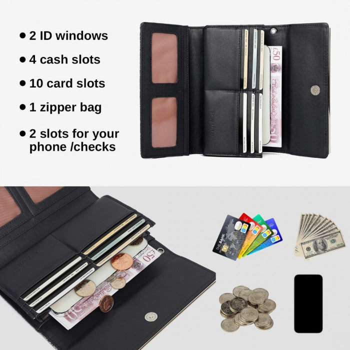 WTM2448 - Miss Lulu Elegant Women's Long Purse with Detachable Wrist Strap And Multi-Card Organizer - Black