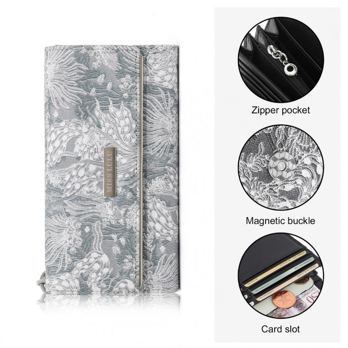 WTM2448 - Miss Lulu Elegant Women's Long Purse with Detachable Wrist Strap And Multi-Card Organizer - Grey