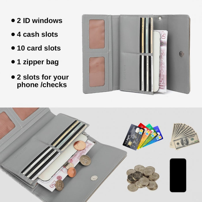 WTM2448 - Miss Lulu Elegant Women's Long Purse with Detachable Wrist Strap And Multi-Card Organizer - Grey