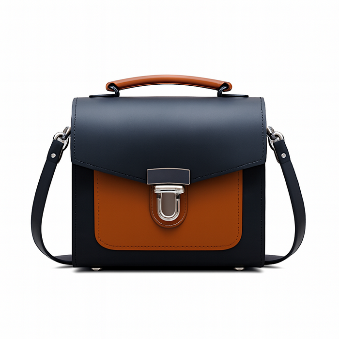 Handmade Leather Two Tone Sugarcube Handbag - Black & Burnt Orange