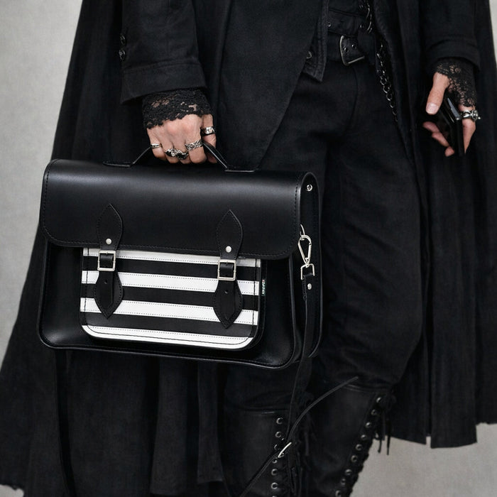 Handmade Leather Satchel - Gothic Striped White & Black
