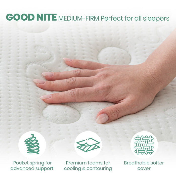 MTS010 - Good Night 20cm Hybrid Memory Foam Mattress – 7-Zone Orthopaedic Pocket Sprung, Medium Firm, Cooling & Hypoallergenic - 135x190x20cm