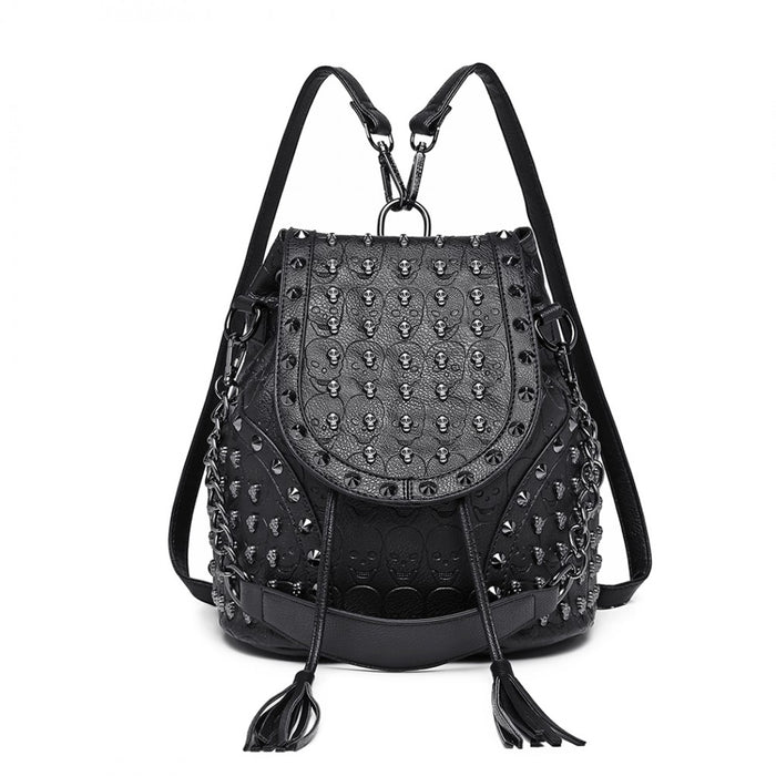 L1414 - Miss Lulu Skull Studded Backpack Shoulder Bag - Black